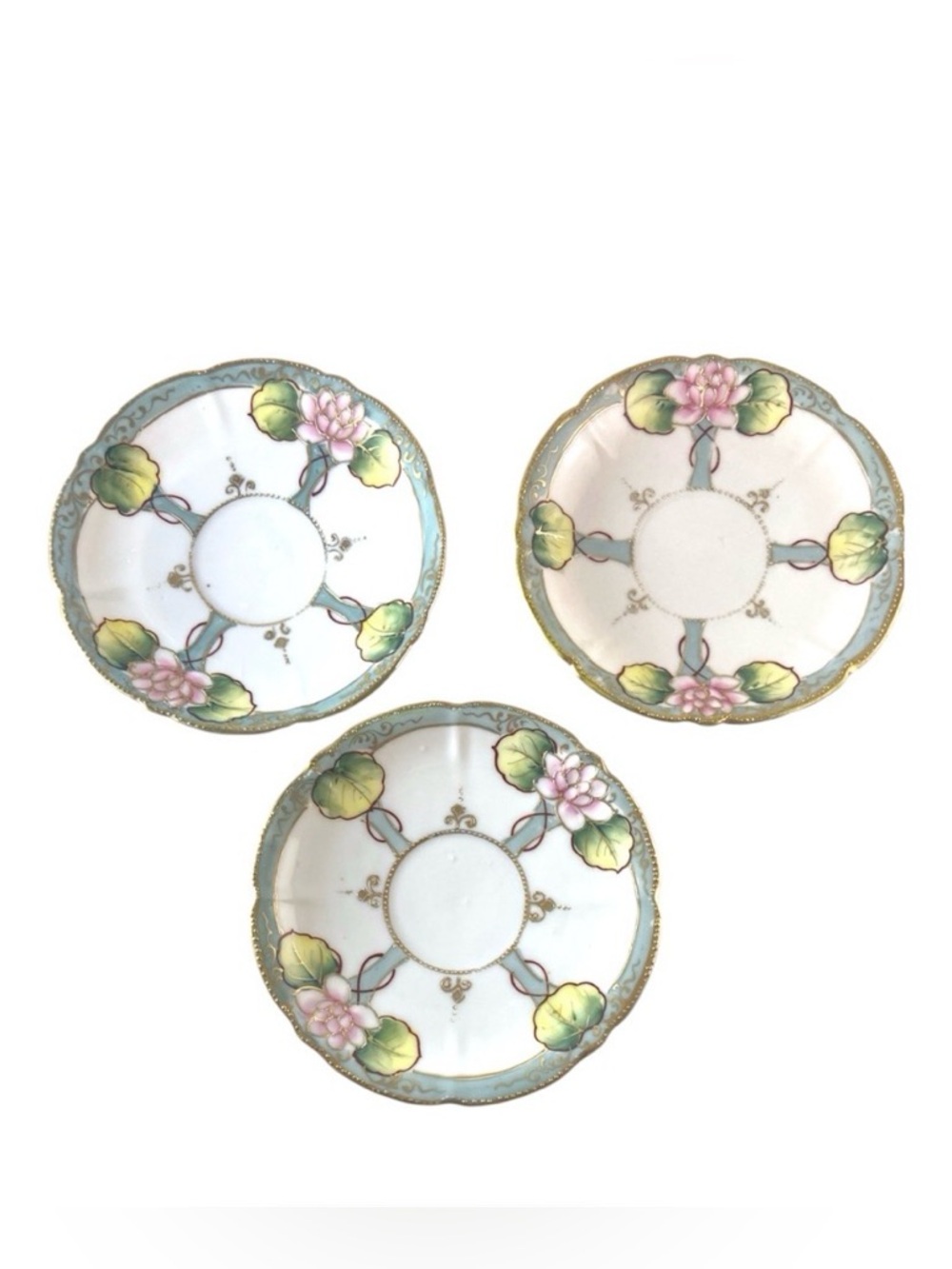 Vintage I.E. & Co. Japan Hand Painted Water Lily Plates Set of 3 Gold Trim‎ 5.5”